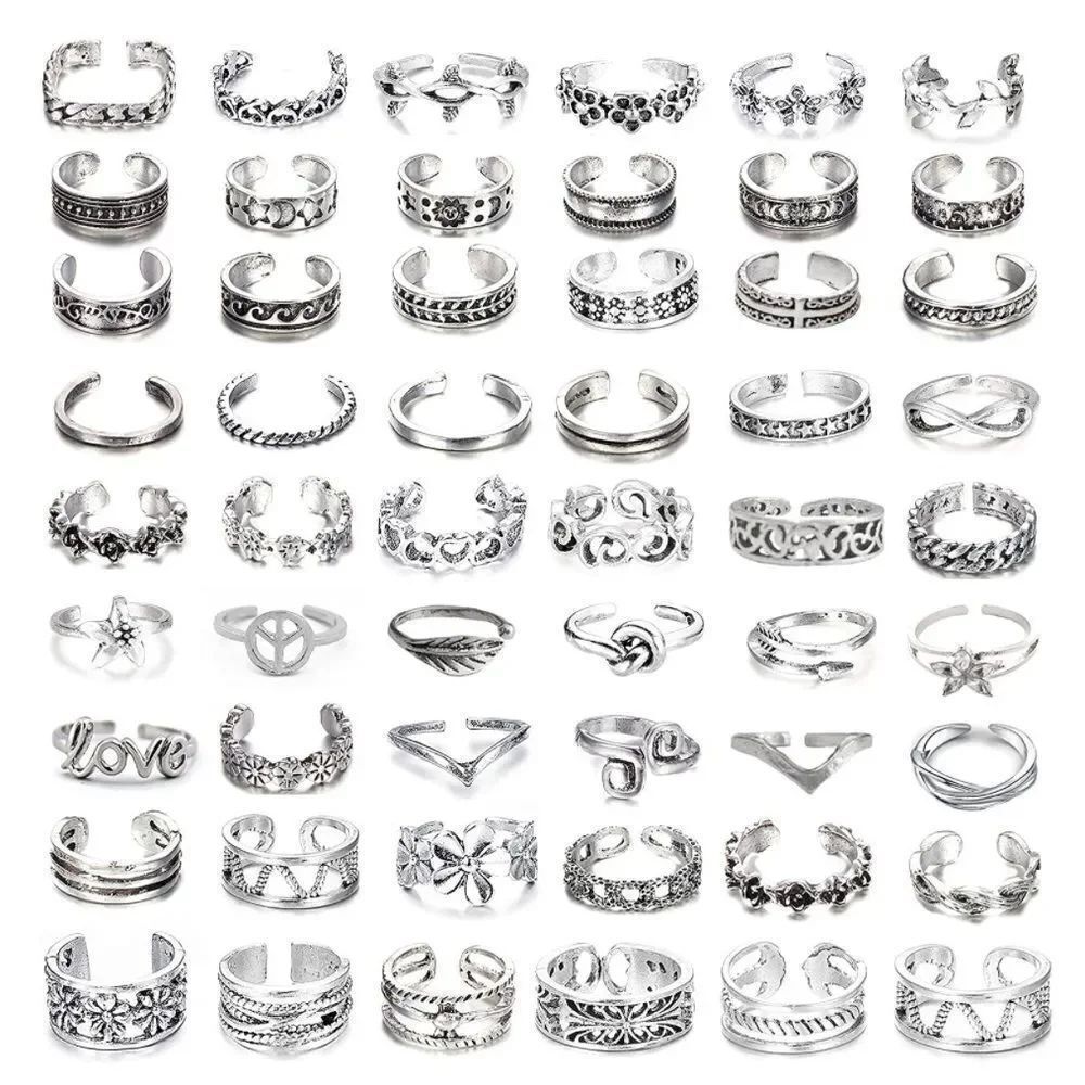 Silver Adjustable Boho Open Toe Rings - Set of 54